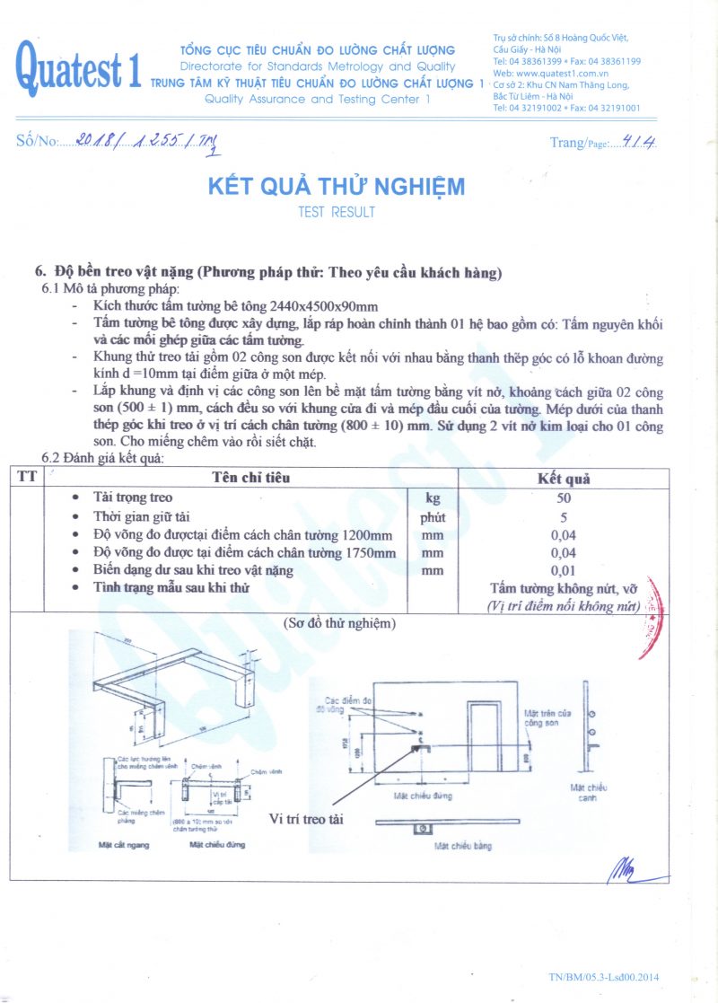 Chứng nhận kết quả thí nghiệm của tấm bê tông nhẹ Lightwall