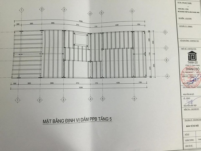 Bản vẽ định vị dầm bê tông dự ứng lực công trình nhà khung thép tiền chế và sàn bê tông nhẹ tại số 2 ngõ 93 Trung kính – Cầu giấy – Hà nội